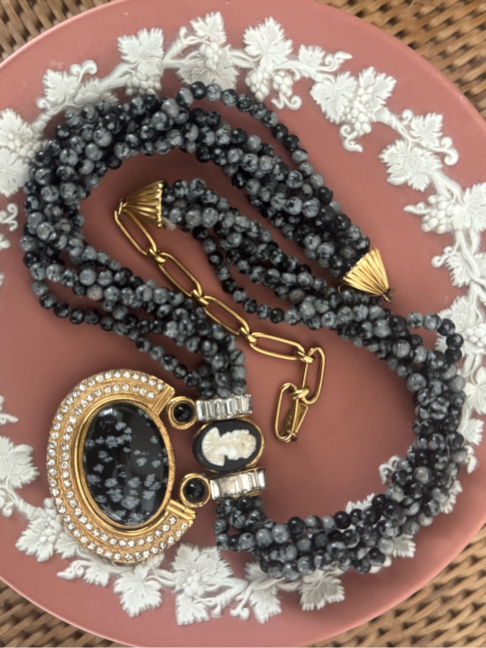 1928 Jewelry Vintage Multi-Strand Snowflake Obsidian Cameo Statement Necklace